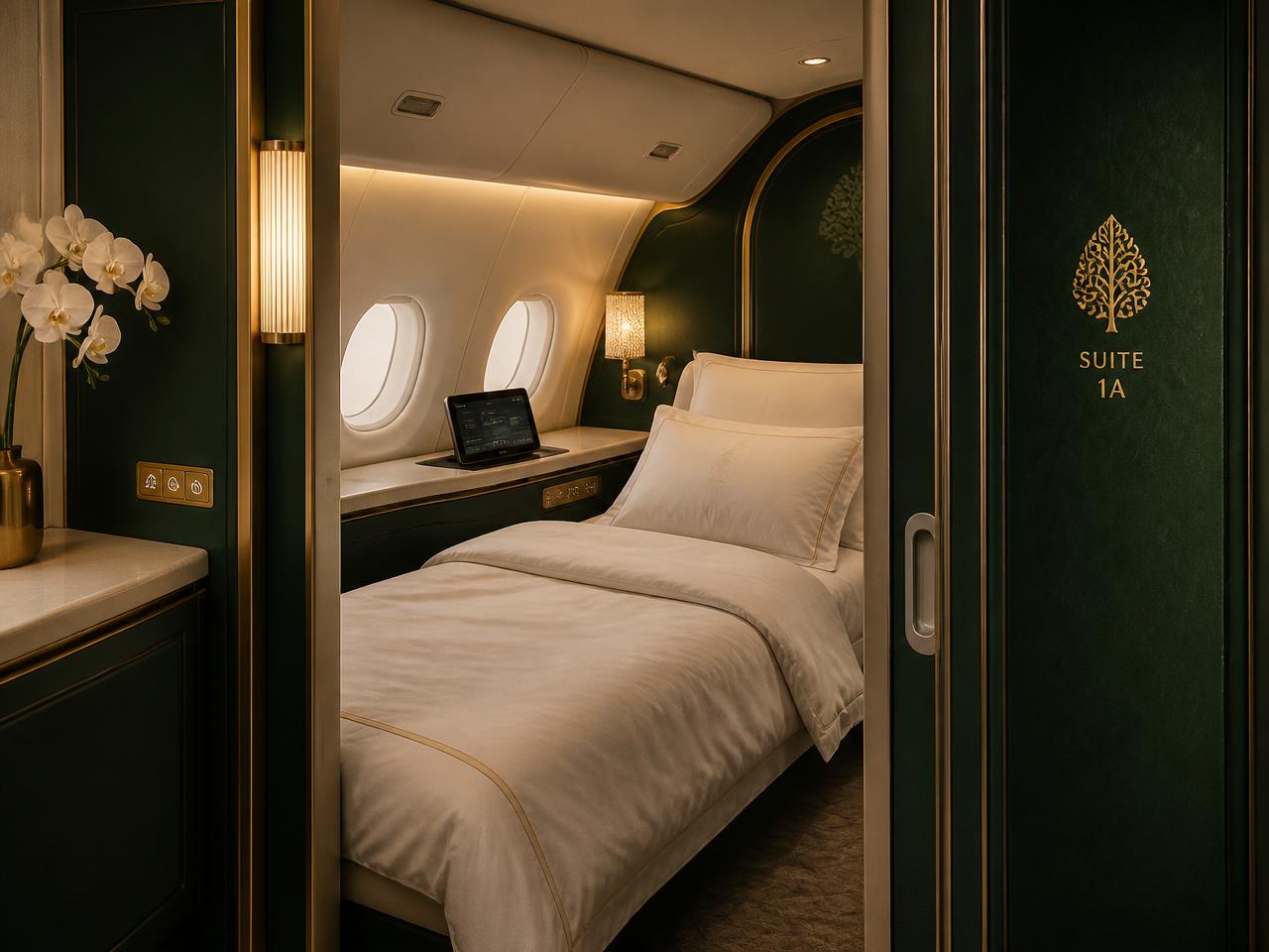 Suíte de primeira classe com cama montada e acabamentos em verde e dourado